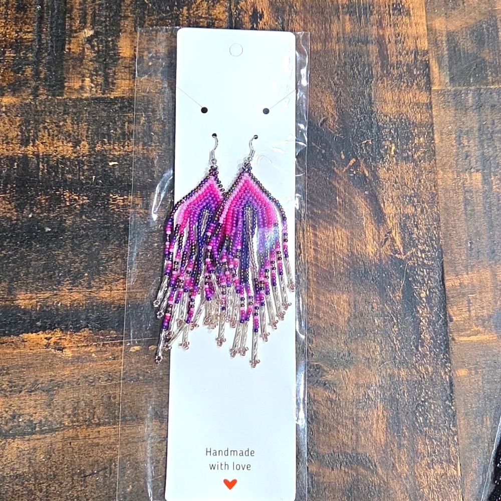 Handmade Purple Lux Beaded Earrings Fringe Tribal Jewelry Boho Western Y2K